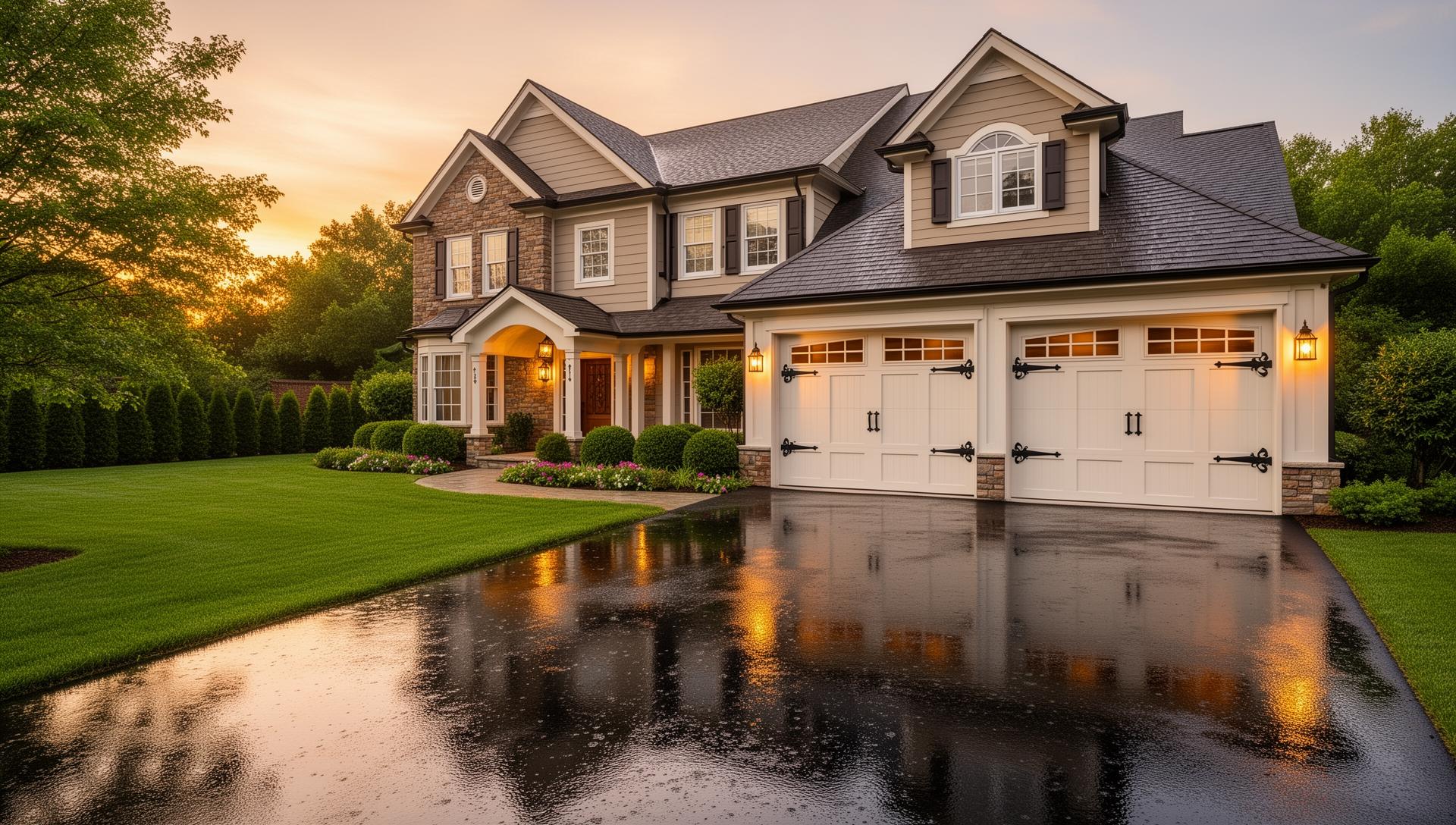 Beautiful suburban home with classic carriage house garage doors featuring decorative black iron hardware